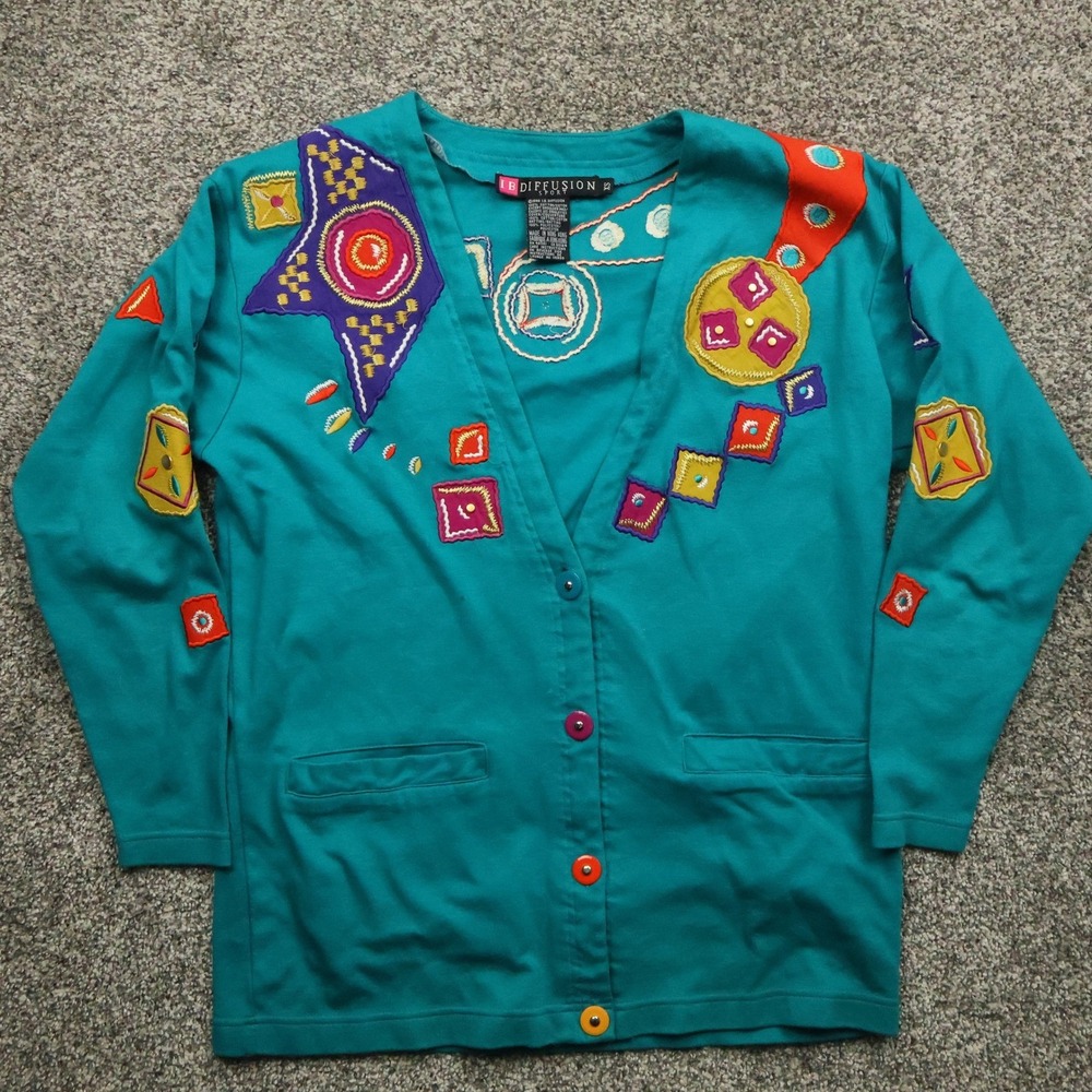 vintage sweater Cardigan womens L 90s Retro Grandma statement colorful art
